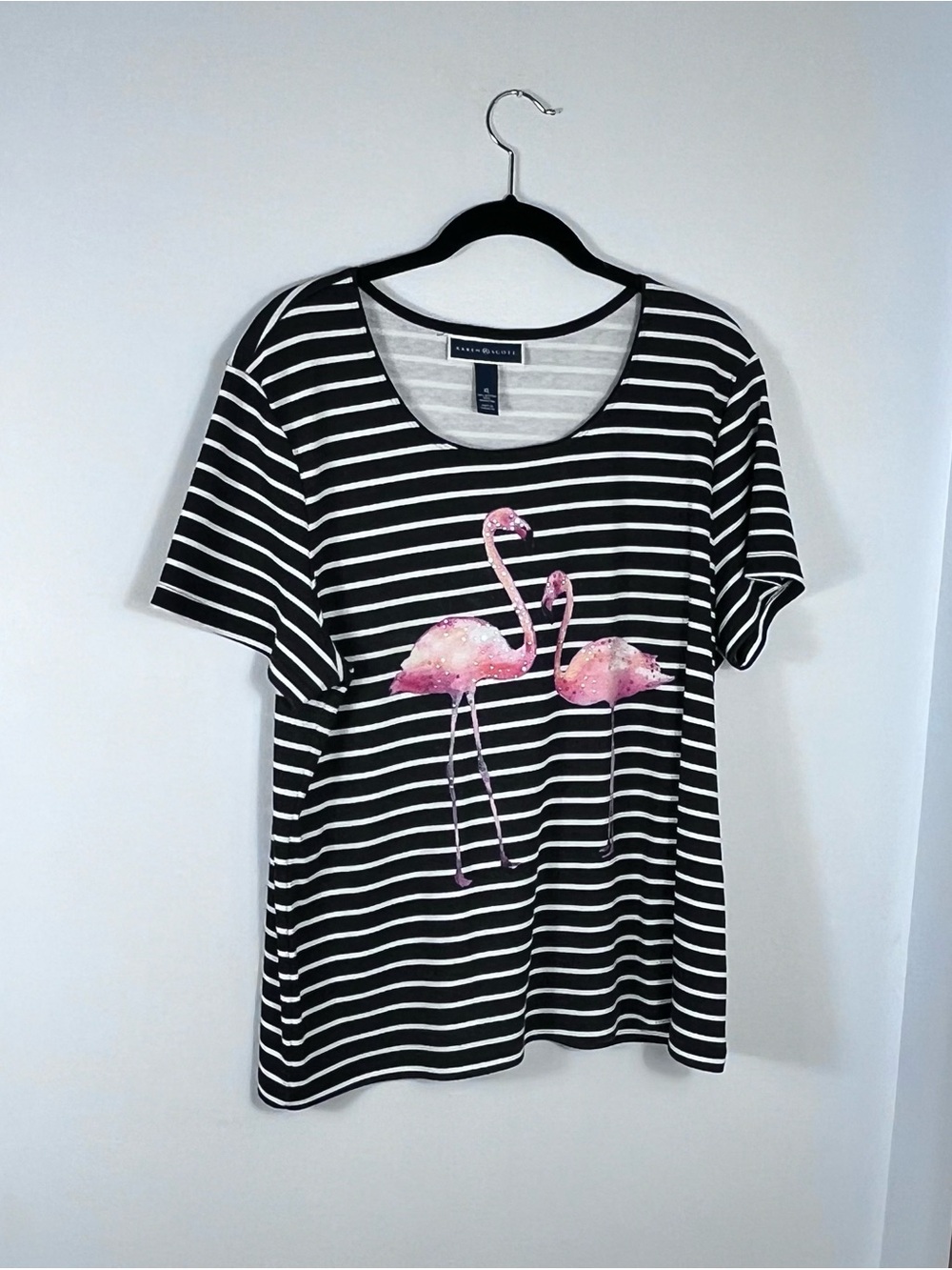 Karen Scott Black & White Striped Short Sleeve Tee with Pink Flamingos